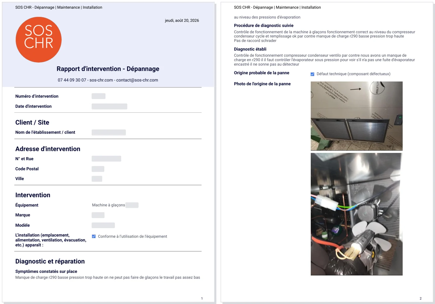 Aperçu d'un rapport d'intervention SOS CHR : identité de l'intervention, diagnostic et photos
